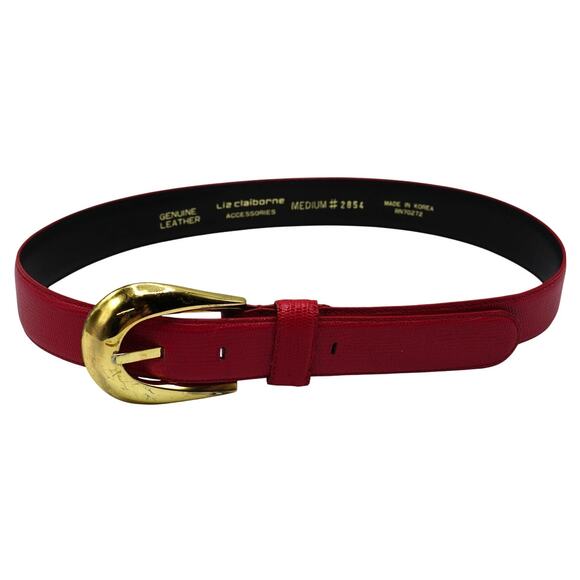 Liz Claiborne Red Textured Genuine Leather Belt Gold Buckle Size M 2854 - Picture 2 of 3